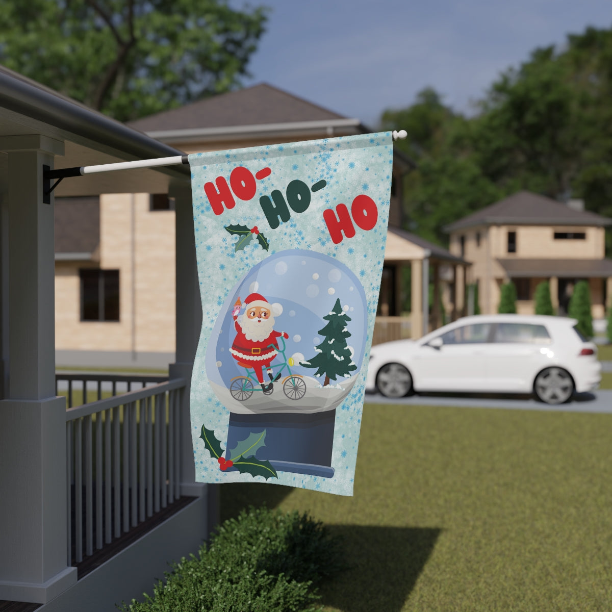 Cycling Santa Snowglobe House Banner Flag