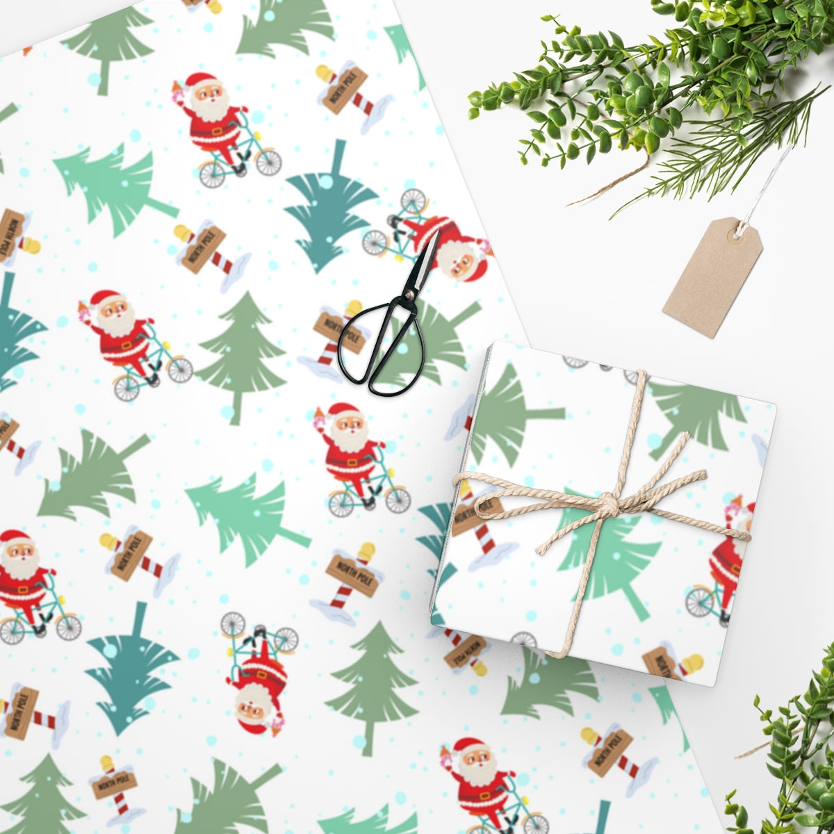 Cycling Santa and Trees Wrapping Paper