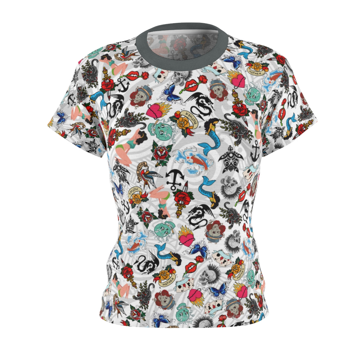 Women's All Over Print Tattooed Lightweight Short Sleeve Activewear Shirt - Moisture Wicking - Quick Dry