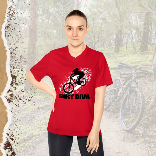 Dirt Diva - Red - Women's Lightweight Performance V-Neck T-Shirt - Moisture Wicking UV40+ protection