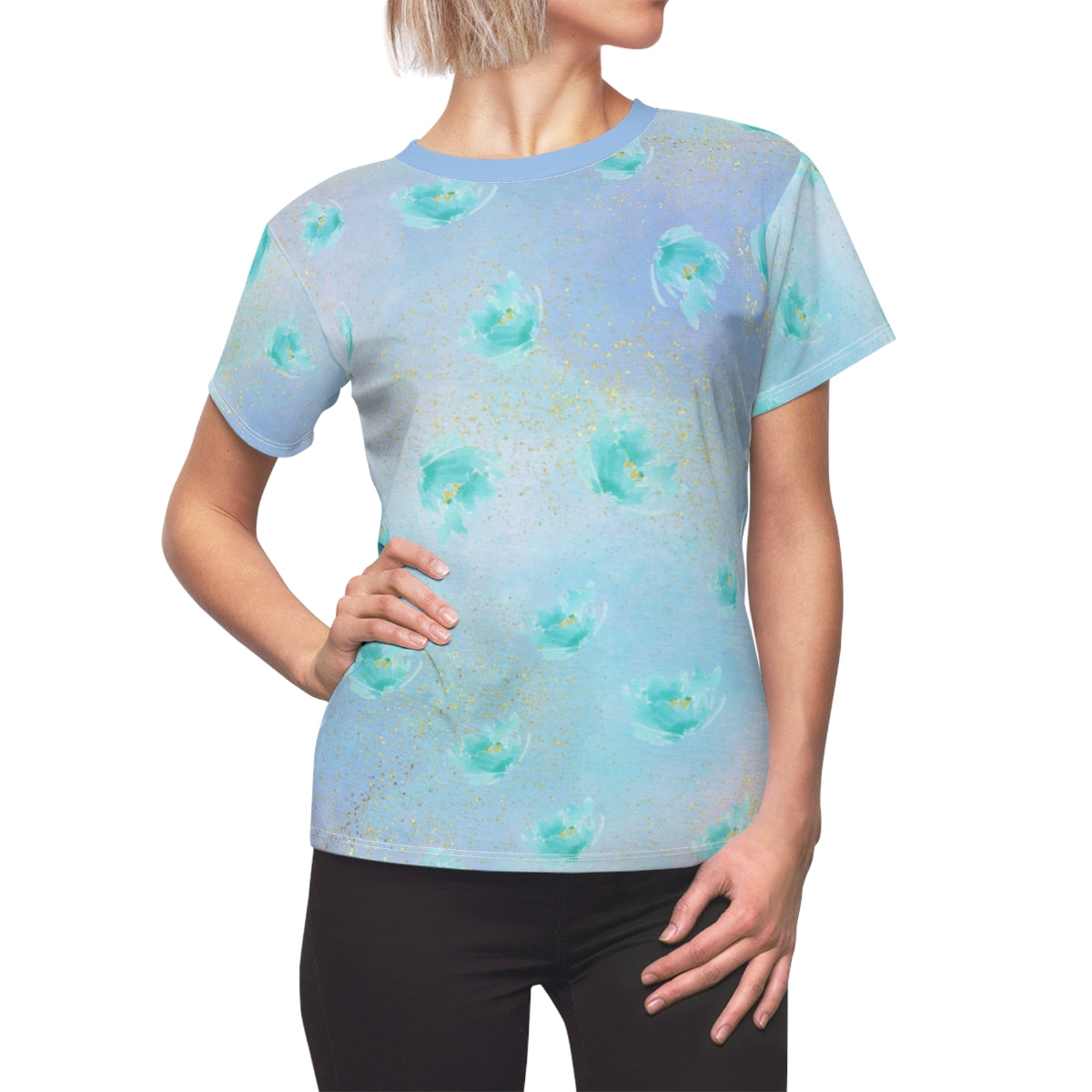 Women's All Over Watercolor Print Lightweight Short Sleeve Activewear Shirt - Moisture Wicking - Quick Dry