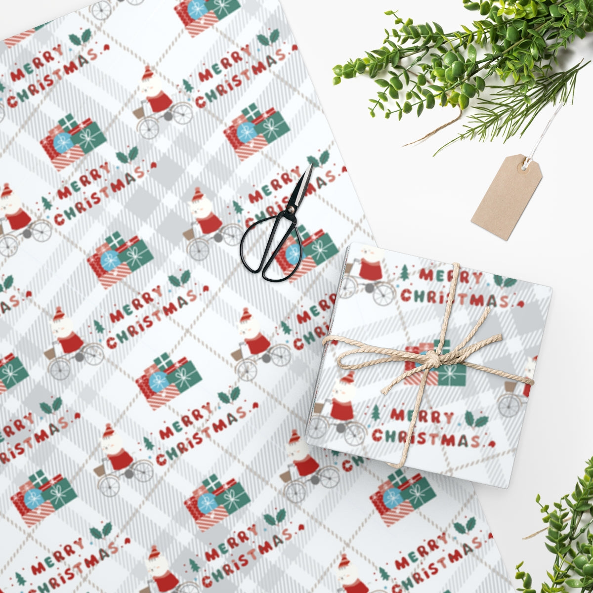 Plaid Merry Christmas Cycling Kitty Wrapping Paper