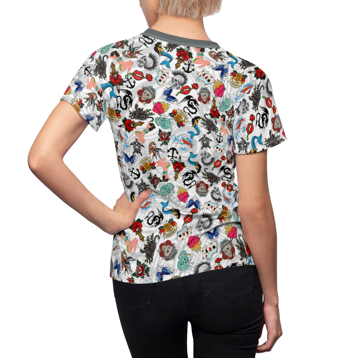 Women's All Over Print Tattooed Lightweight Short Sleeve Activewear Shirt - Moisture Wicking - Quick Dry