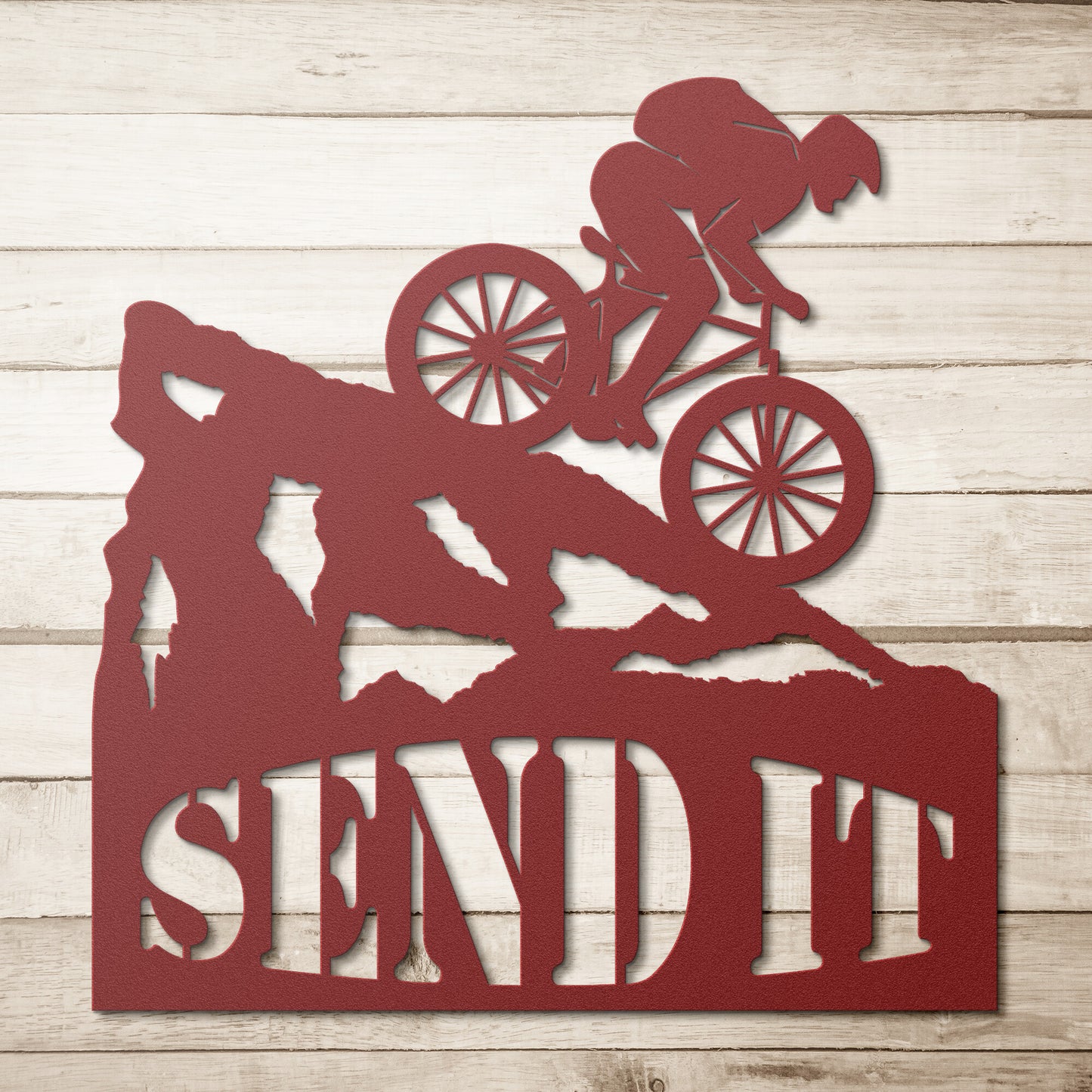 Send It Mountain Biker Die Cut Metal Wall Art