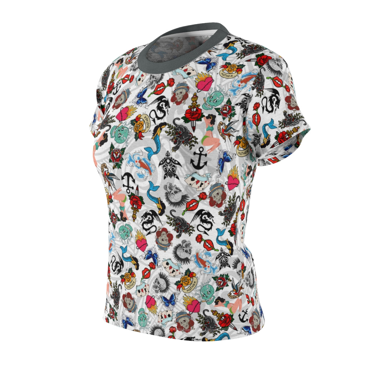 Women's All Over Print Tattooed Lightweight Short Sleeve Activewear Shirt - Moisture Wicking - Quick Dry