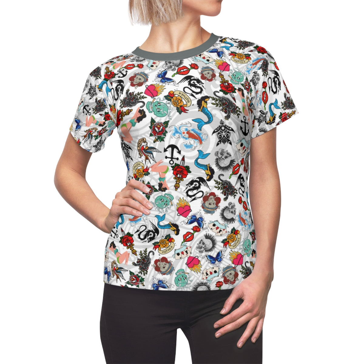 Women's All Over Print Tattooed Lightweight Short Sleeve Activewear Shirt - Moisture Wicking - Quick Dry