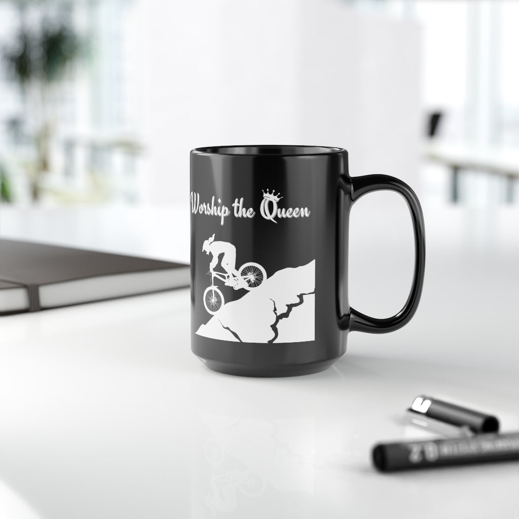 Worship the Queen of the Mountain (QOM) - Mountain biking - Black Mug, 15oz