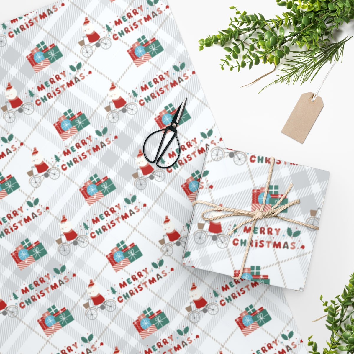 Plaid Merry Christmas Cycling Kitty Wrapping Paper