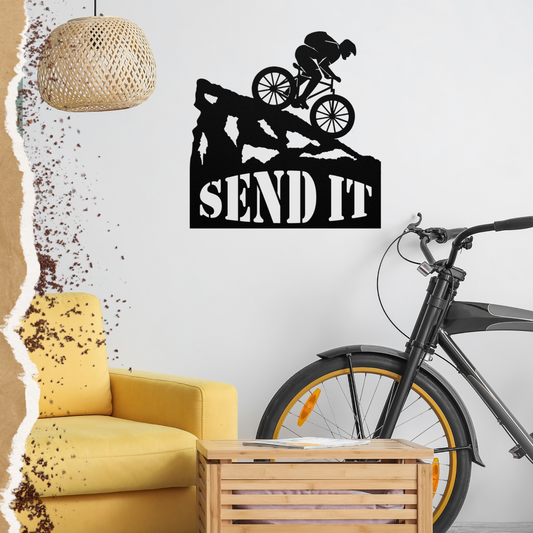 Send It Mountain Biker Die Cut Metal Wall Art