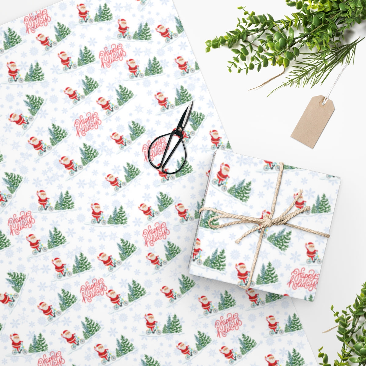 Happy Holidays Cycling Santa Wrapping Paper