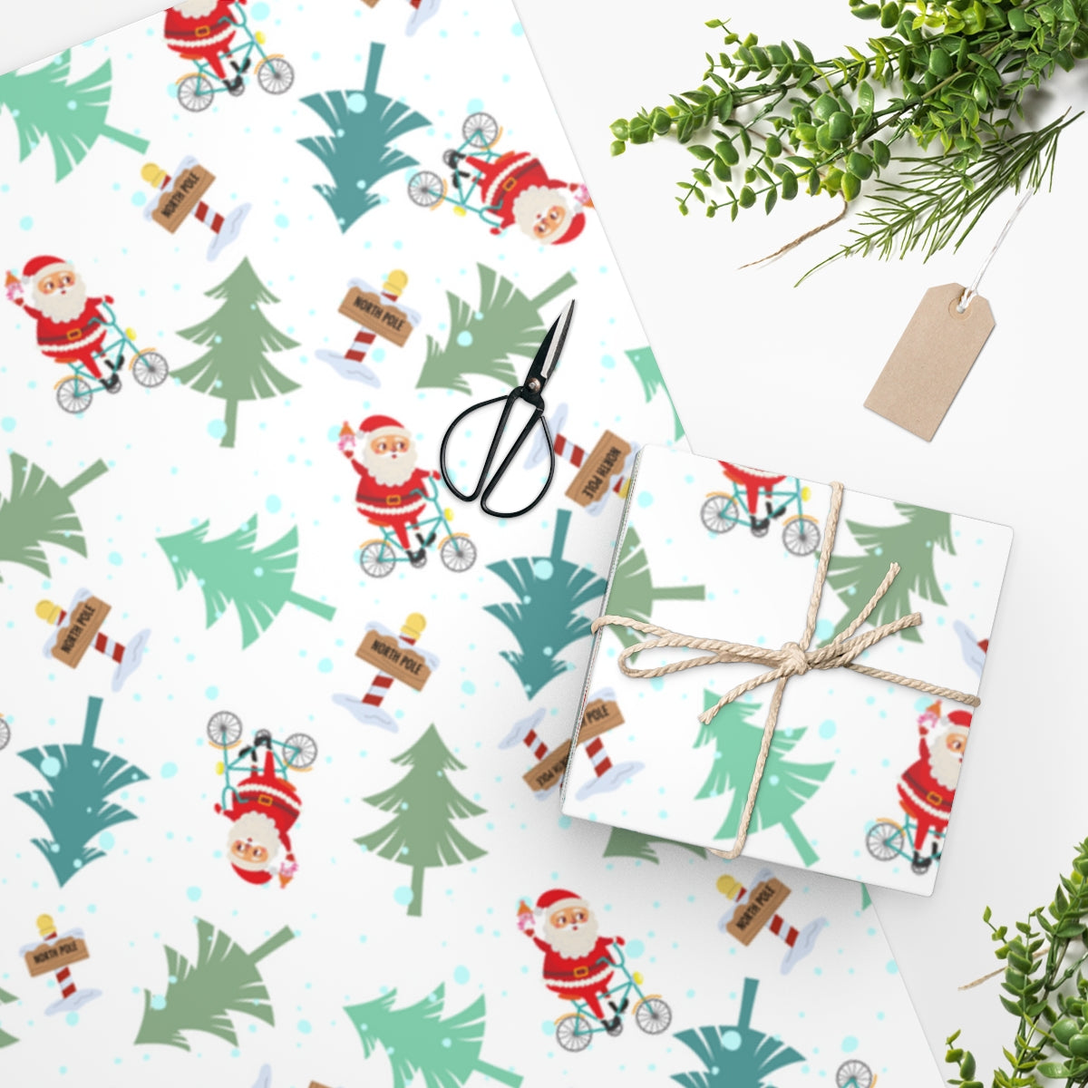 Cycling Santa and Trees Wrapping Paper