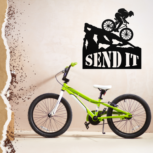 Send It Mountain Biker Die Cut Metal Wall Art
